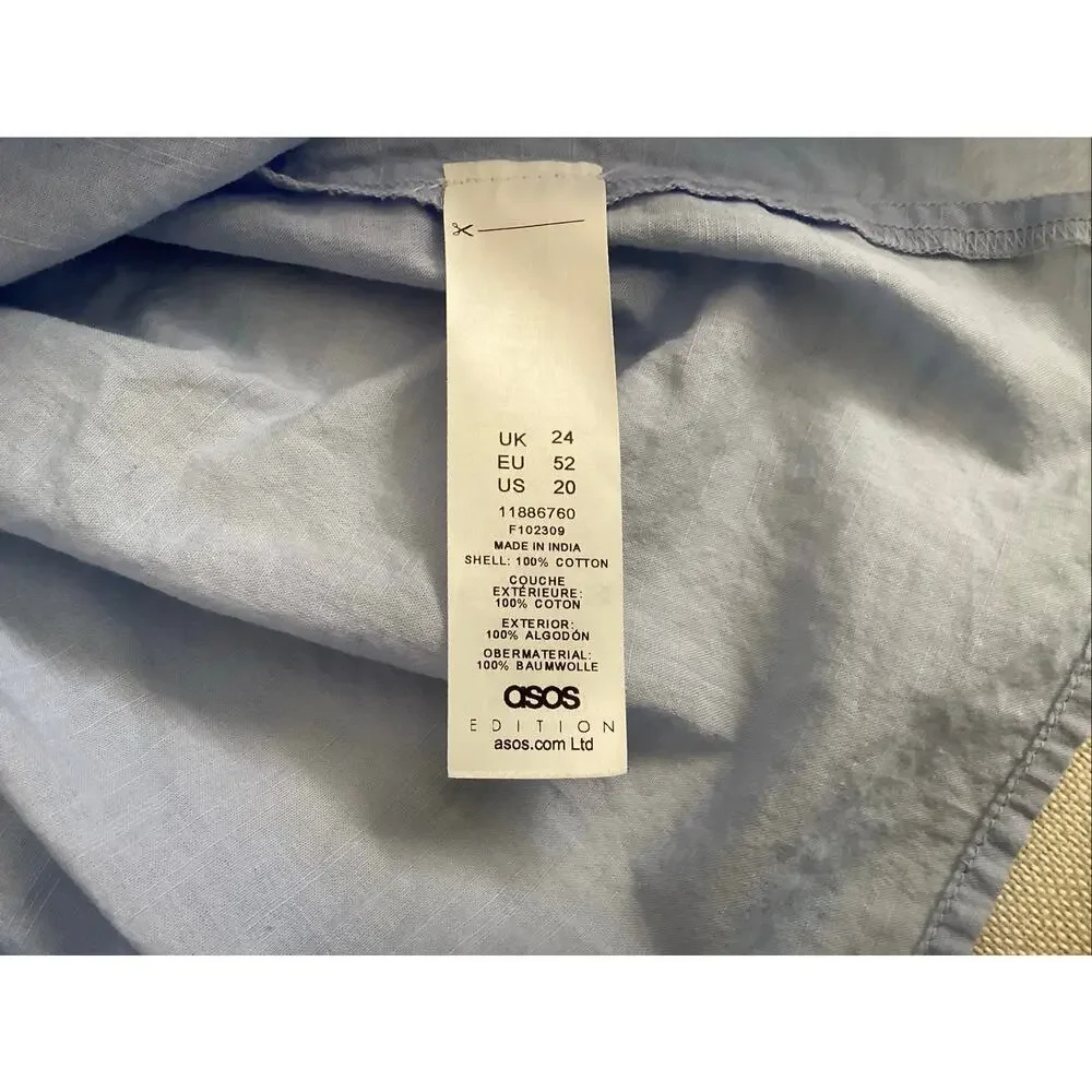 ASOS EDITION Curve cotton poplin V-neck oversized volume sleeve pastel blue sz20 - Picture 5 of 5